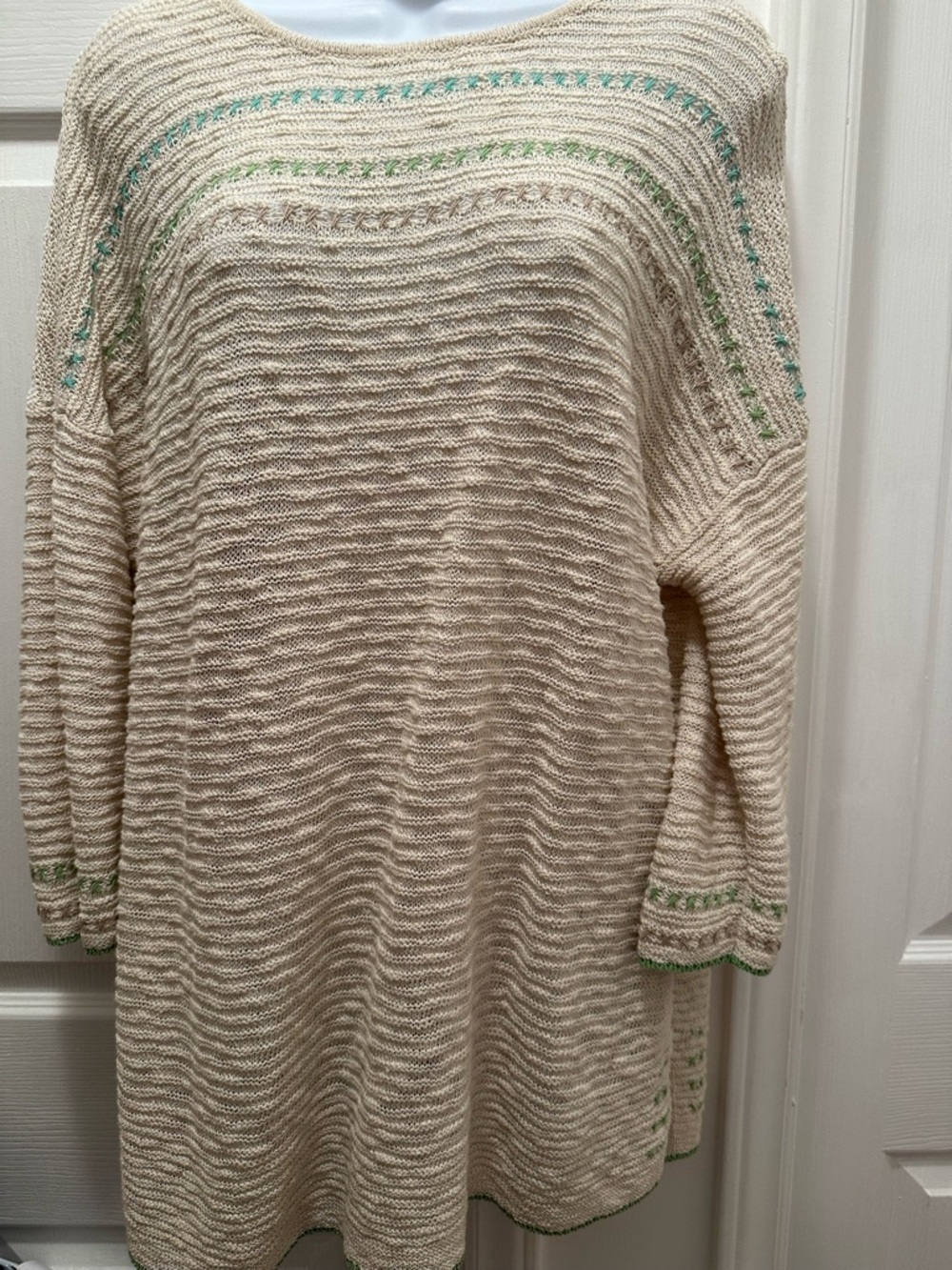 J. Jill Cream Scoop-Neck Knit Pullover with Khaki, Green & Teal Accents